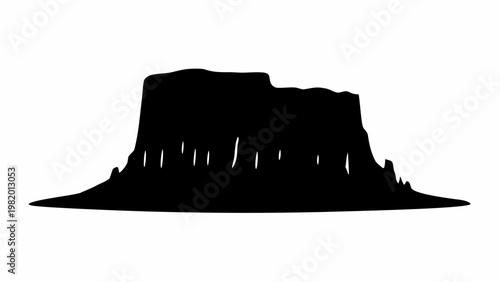 Dramatic sharp cliff mountain silhouette against white background symbolizing nature's power and serenity