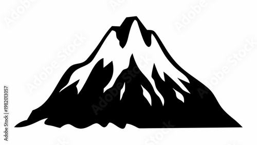 Dramatic mountain silhouette with snow capped peak against a plain white background symbolizing nature's grandeur and serenity