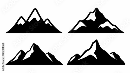 Set of assorted mountain silhouettes with snow capped peaks in black and white landscape graphics
