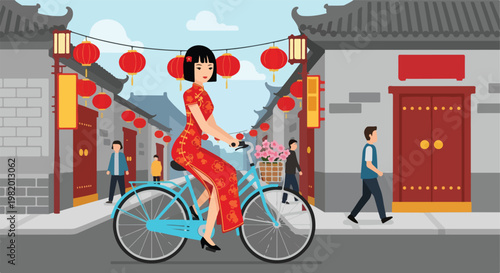 A woman in a red traditional dress riding a blue bicycle down a festive street