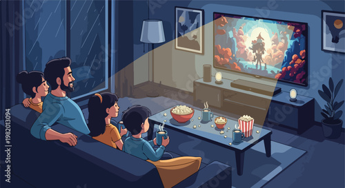 A family sits together on a sofa watching a movie in a cozy, dimly lit living room