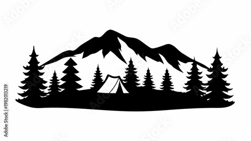 Camping in a serene mountain landscape with pine trees silhouette at dusk