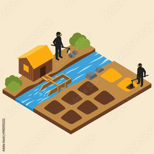 Farmers Working in Agricultural Field Irrigation.