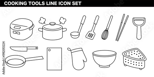 調理器具・キッチンツール線画イラストセット フライパン・包丁・鍋などの家庭料理コンセプト