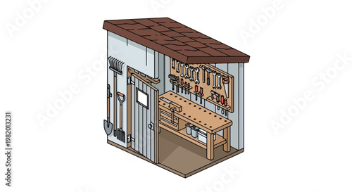 An isometric cartoon shed containing a workbench and tools on a wall pegboard