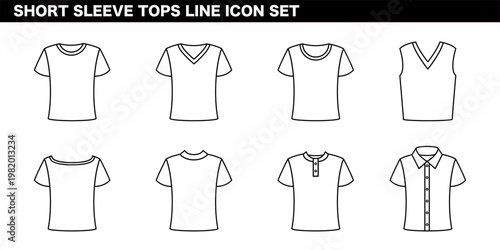 半袖Tシャツ・トップス・衣類カテゴリを表現した線画イラストセット カットソー・夏服・カジュアルウェアコンセプト
