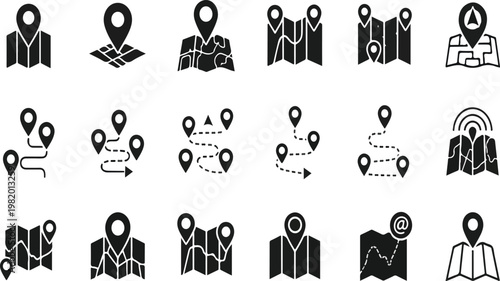 Location icon set with map, pin, navigation, distance, direction and address symbols in solid vector style..eps
