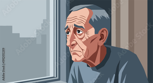 An elderly man with a sorrowful expression gazes out of a window in contemplation