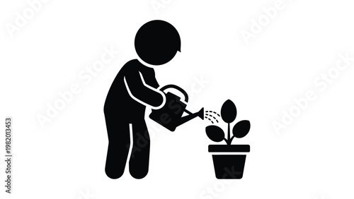 a person watering a potted plant.