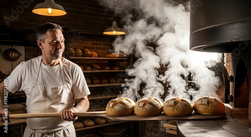 A baker in a white apron stands proudly beside a steaming oven on Labor Day morning with bread on a peel in a bustling bakery kitchen filled with delicious treats.