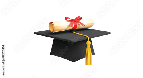 Graduation Celebration: A graduation cap is seen in a display, with the rolled diploma tied with a red ribbon and the tassel signifying a pivotal achievement in one's academic journey.