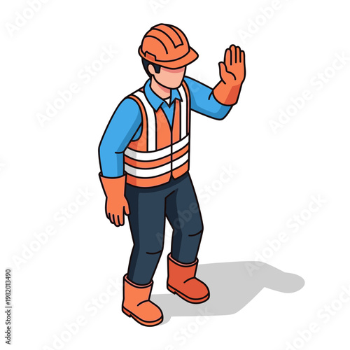 Construction worker in safety gear signaling stop.