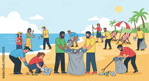 A group of volunteers cleaning up trash from a sandy beach on a sunny day