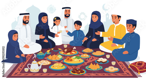 A diverse Muslim family sits on a patterned rug sharing a festive feast meal