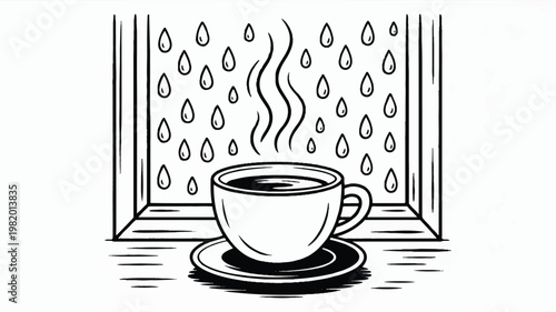 A black and white line art illustration of a steaming coffee cup placed on a windowsill 