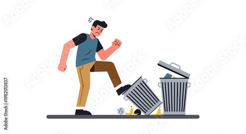 An angry man kicking a metal trash can, spilling waste on the ground
