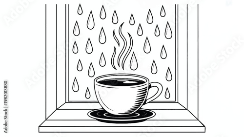 A black and white line art illustration of a steaming coffee cup placed on a windowsill