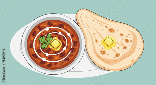 Top view of a bowl of red kidney bean curry served with a piece of flatbread
