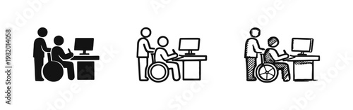 Caregiver Assisting Disabled Person in Workplace Office