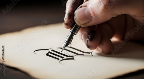 A hand holds a pen drawing Labor Day symbols on a parchment paper with skillful strokes in a dark room.
