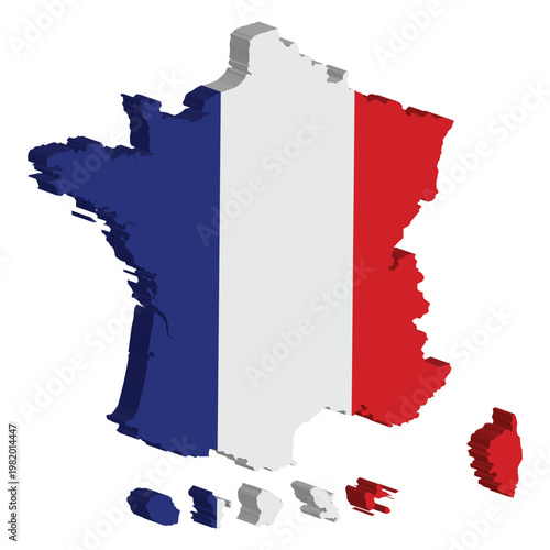 3D Isometric map of France in French flag colors with islands