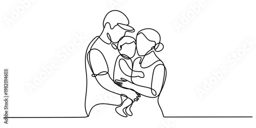 A single line drawing representing a happy family with a mother father and their small young child Vector, illustration