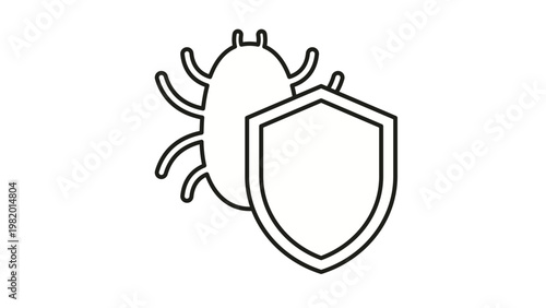 Cybersecurity vector icon featuring a bug or malware symbol behind a protective shield, representing antivirus protection, digital security, and system safety in a minimalist line art style.