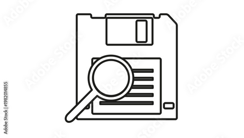 Black outline vector icon of a floppy disk with a magnifying glass, representing data search, file analysis, information retrieval, storage scanning, and digital forensics on white background.