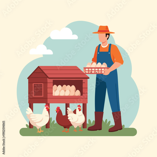A farmer in a hat holding a crate of fresh eggs beside a chicken coop and hens