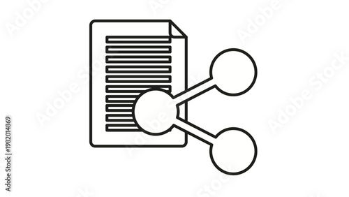 Black line vector icon illustration of a document file with a share symbol, representing file sharing, data distribution, social networking, and collaborative digital communication on white.