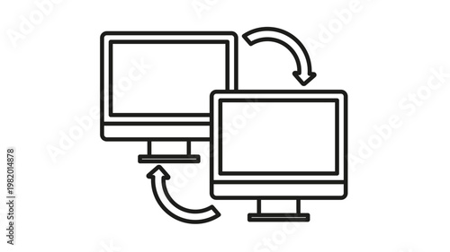 Data transfer and synchronization vector icon featuring two computer monitors with curved arrows. Minimalist black line art illustration for networking, file sharing, and remote access concepts.