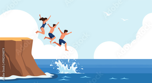 Three friends jump off a rocky cliff into the blue ocean on a sunny summer day