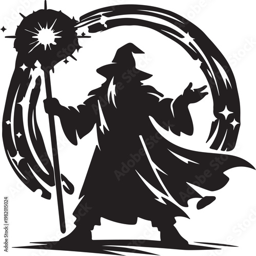 A black silhouette of a wizard casting a magical spell Vector