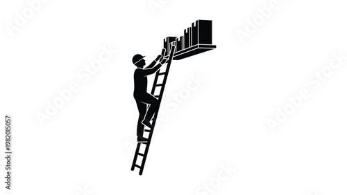 Man climbing ladder to reach high shelf.