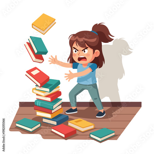 A frustrated young girl aggressively throws a stack of colorful books in anger