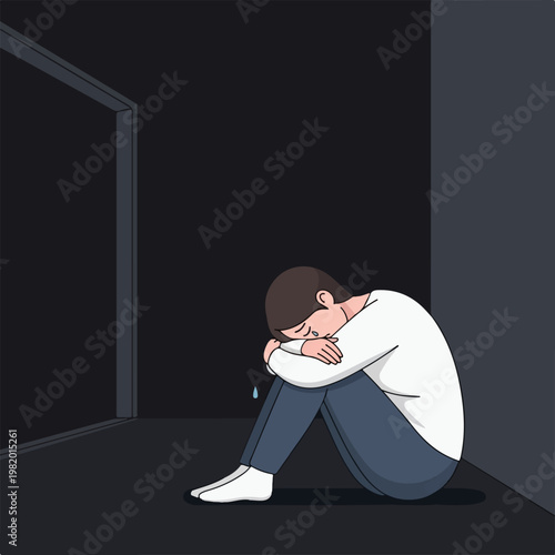 A sad, lonely person sits curled in a dark corner, weeping with tears falling