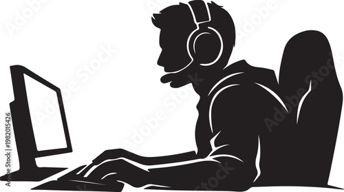 A man sitting at a desk with a computer and headset Vector