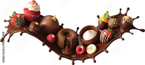 Luxury chocolate puddle with strawberries truffles and assorted gourmet sweets