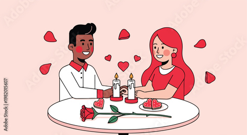 A happy diverse couple shares a romantic candlelit dinner with rose petals
