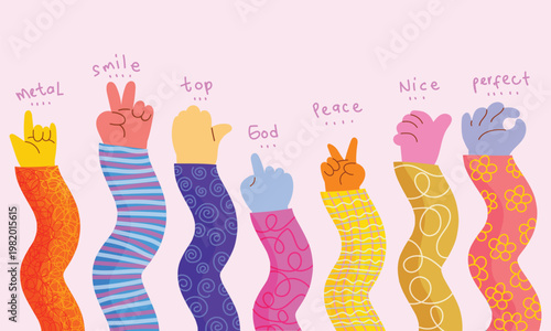 Colorful of various hand gestures with playful patterns and vibrant sleeves, expressing emotions symbols  peace, smile, rock, good, and perfection in a cheerful, vector cartoon style.