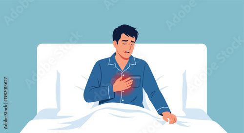 A man in pajamas sits in bed clutching his chest in pain from a heart attack