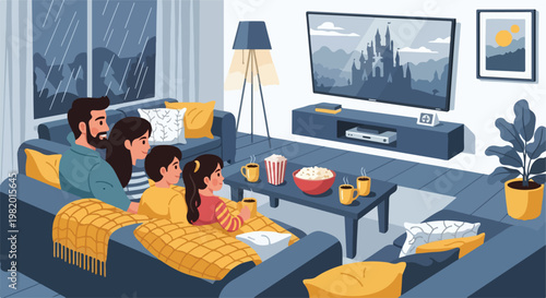 A family sits on a sofa in a cozy living room watching a movie while it rains