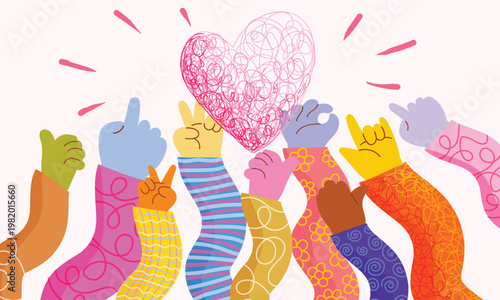 Colorful of various hand gestures with playful patterns and vibrant sleeves, expressing emotions symbols  peace, smile, rock, good, and perfection in a cheerful, vector cartoon style.