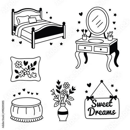 Black and white sweet dreams sign vector art featuring floral bed pillow and bedroom furniture for sleep, comfort, and home decor design
