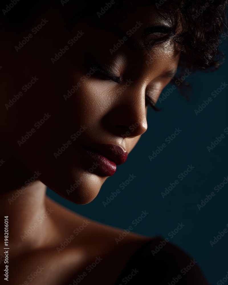 Fototapeta premium Portrait of black woman with makeup in studio, beauty transformation concept with dramatic lighting