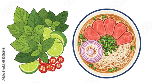 A bowl of noodle soup with beef, onions, and a side of fresh herbs and limes