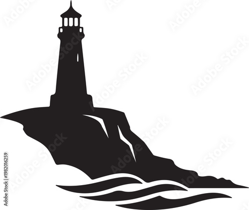 A black silhouette of a lighthouse on a rocky coastline Vector