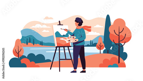 creative artist painting a scenic mountain and lake landscape on an outdoor canvas during a bright autumn day.