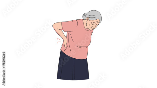 elderly woman with grey hair bent over while clutching her lower back in pain symbolizing health issues in seniors.