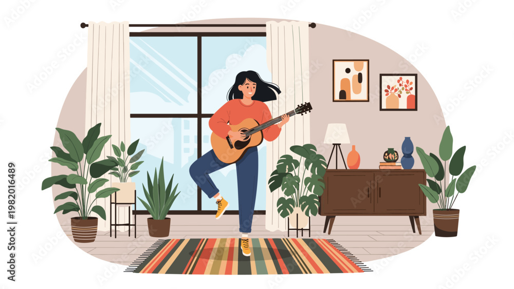 Fototapeta premium Young woman happily plays an acoustic guitar while standing in a stylishly decorated living room filled with many green indoor houseplants.